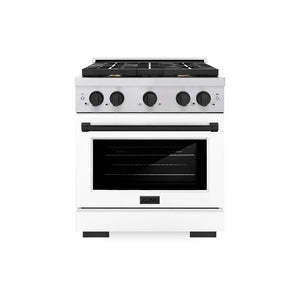 ZLINE Autograph Edition 30 in. 4.2 cu. ft. Paramount Dual Fuel Range with 4 Burner Gas Cooktop and Electric Convection Oven in Stainless Steel with White Matte Door and Matte Black Accents (SDRZ-WM-30-MB) front, oven closed.