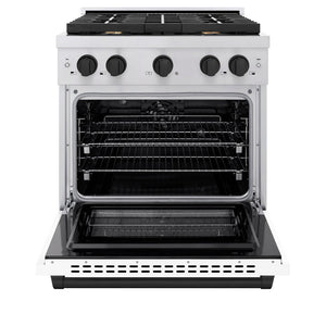 ZLINE Autograph Edition 30 in. 4.2 cu. ft. Paramount Dual Fuel Range with 4 Burner Gas Cooktop and Electric Convection Oven in Stainless Steel with White Matte Door and Matte Black Accents (SDRZ-WM-30-MB) front, open.
