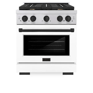 ZLINE Autograph Edition 30 in. 4.2 cu. ft. Paramount Dual Fuel Range with 4 Burner Gas Cooktop and Electric Convection Oven in Stainless Steel with White Matte Door and Matte Black Accents (SDRZ-WM-30-MB) front, oven closed.