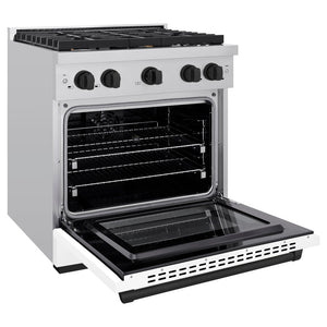ZLINE Autograph Edition 30 in. 4.2 cu. ft. Paramount Dual Fuel Range with 4 Burner Gas Cooktop and Electric Convection Oven in Stainless Steel with White Matte Door and Matte Black Accents (SDRZ-WM-30-MB) side, oven open.