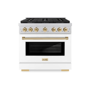 ZLINE Autograph Edition 36 in. 5.2 cu. ft. Paramount Dual Fuel Range with 6 Burner Gas Cooktop and Electric Convection Oven in Stainless Steel with White Matte Door and Polished Gold Accents (SDRZ-WM-36-G) front, oven closed.