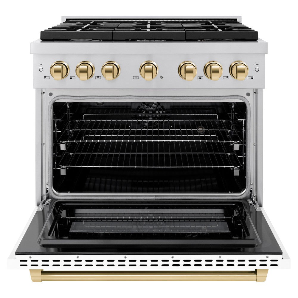 ZLINE Autograph Edition 36 in. 5.2 cu. ft. Paramount Dual Fuel Range with 6 Burner Gas Cooktop and Electric Convection Oven in Stainless Steel with White Matte Door and Polished Gold Accents (SDRZ-WM-36-G) front, oven open.