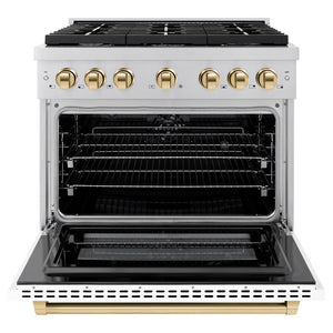ZLINE Autograph Edition 36 in. 5.2 cu. ft. Paramount Dual Fuel Range with 6 Burner Gas Cooktop and Electric Convection Oven in Stainless Steel with White Matte Door and Polished Gold Accents (SDRZ-WM-36-G) front, open.