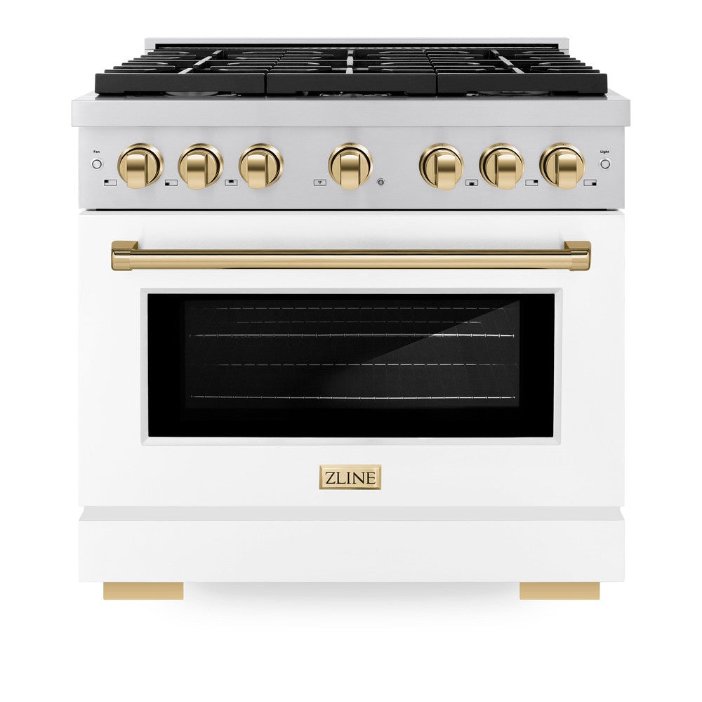 ZLINE Autograph Edition 36 in. 5.2 cu. ft. Paramount Dual Fuel Range with 6 Burner Gas Cooktop and Electric Convection Oven in Stainless Steel with White Matte Door and Polished Gold Accents (SDRZ-WM-36-G) front, oven closed.