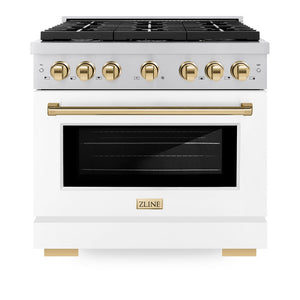 ZLINE Autograph Edition 36 in. 5.2 cu. ft. Paramount Dual Fuel Range with 6 Burner Gas Cooktop and Electric Convection Oven in Stainless Steel with White Matte Door and Polished Gold Accents (SDRZ-WM-36-G) front, oven closed.