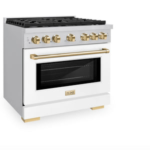 ZLINE Autograph Edition 36 in. 5.2 cu. ft. Paramount Dual Fuel Range with 6 Burner Gas Cooktop and Electric Convection Oven in Stainless Steel with White Matte Door and Polished Gold Accents (SDRZ-WM-36-G) side, oven closed.