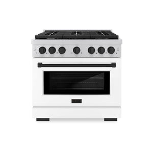 ZLINE Autograph Edition 36 in. 5.2 cu. ft. Paramount Dual Fuel Range with 6 Burner Gas Cooktop and Electric Convection Oven in Stainless Steel with White Matte Door and Matte Black Accents (SDRZ-WM-36-MB) front, oven closed.