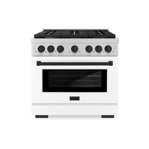 ZLINE Autograph Edition 36 in. 5.2 cu. ft. Paramount Dual Fuel Range with 6 Burner Gas Cooktop and Electric Convection Oven in Stainless Steel with White Matte Door and Matte Black Accents (SDRZ-WM-36-MB) front.