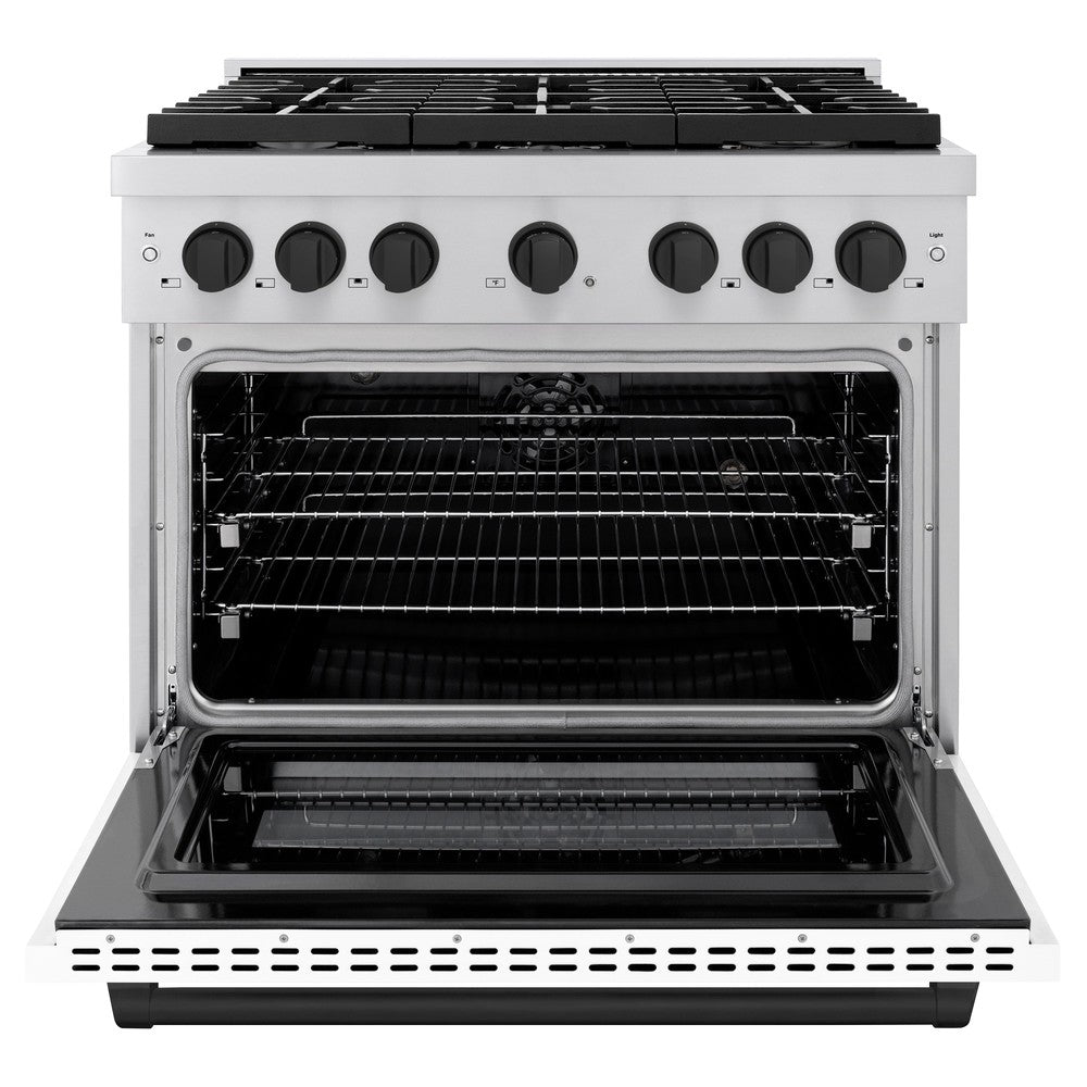 ZLINE Autograph Edition 36 in. 5.2 cu. ft. Paramount Dual Fuel Range with 6 Burner Gas Cooktop and Electric Convection Oven in Stainless Steel with White Matte Door and Matte Black Accents (SDRZ-WM-36-MB) front, oven open.