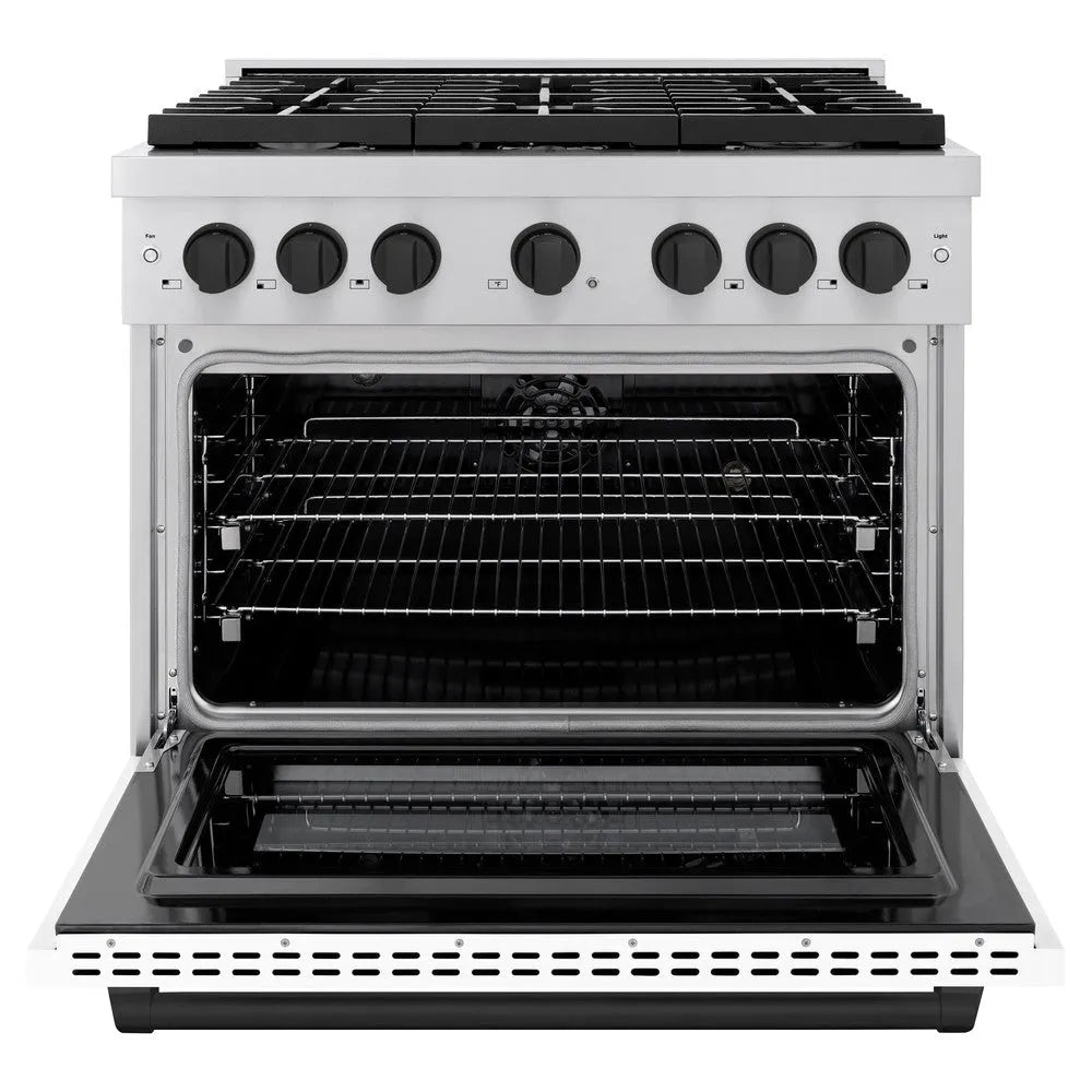 ZLINE Autograph Edition 36 in. 5.2 cu. ft. Paramount Dual Fuel Range with 6 Burner Gas Cooktop and Electric Convection Oven in Stainless Steel with White Matte Door and Matte Black Accents (SDRZ-WM-36-MB) front, open.