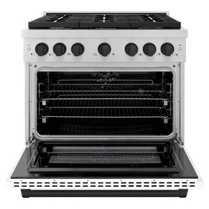 ZLINE Autograph Edition 36 in. 5.2 cu. ft. Paramount Dual Fuel Range with 6 Burner Gas Cooktop and Electric Convection Oven in Stainless Steel with White Matte Door and Matte Black Accents (SDRZ-WM-36-MB) front, open.