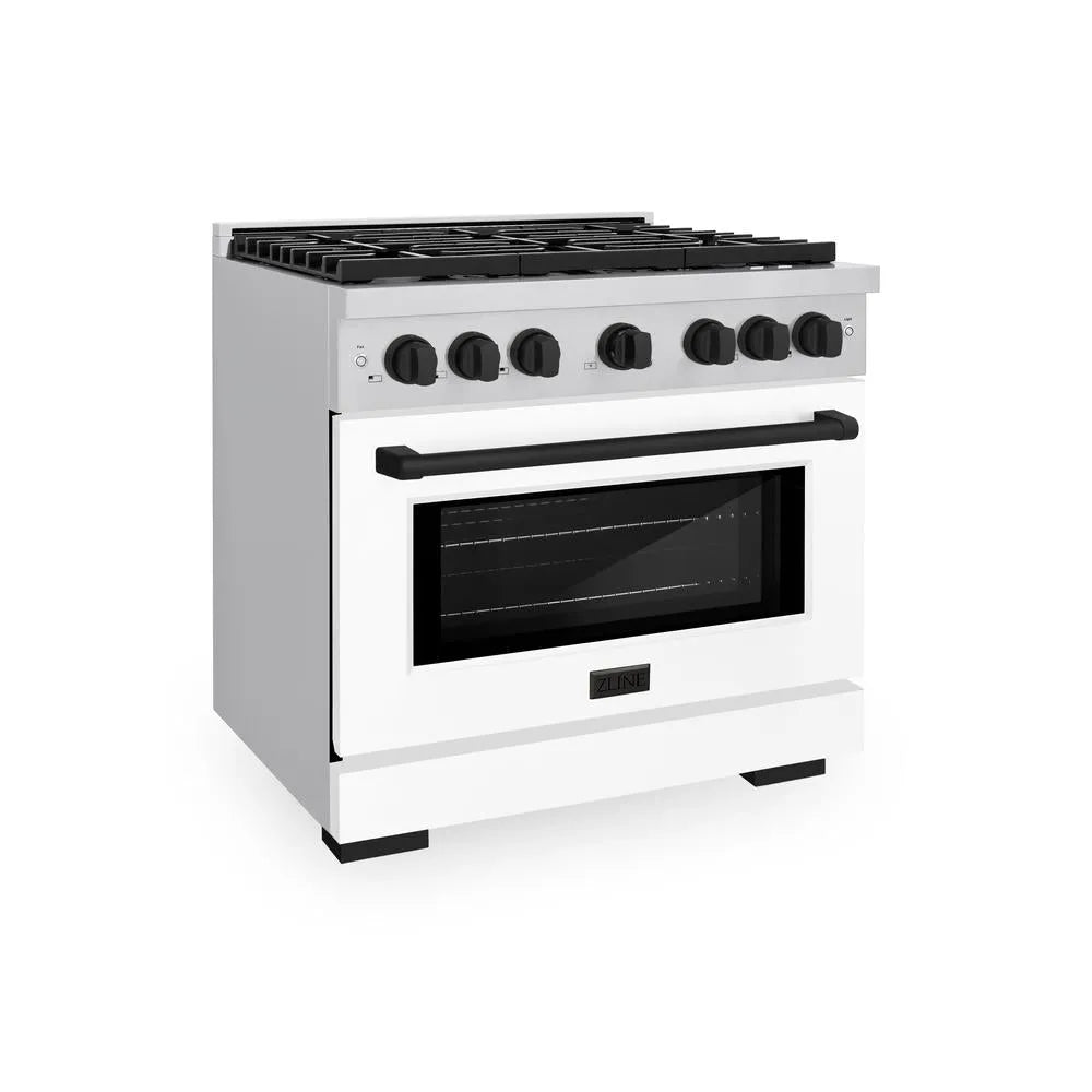 ZLINE Autograph Edition 36 in. 5.2 cu. ft. Paramount Dual Fuel Range with 6 Burner Gas Cooktop and Electric Convection Oven in Stainless Steel with White Matte Door and Matte Black Accents (SDRZ-WM-36-MB) main image.