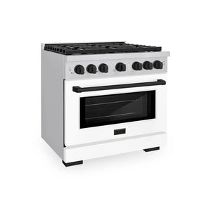 ZLINE Autograph Edition 36 in. 5.2 cu. ft. Paramount Dual Fuel Range with 6 Burner Gas Cooktop and Electric Convection Oven in Stainless Steel with White Matte Door and Matte Black Accents (SDRZ-WM-36-MB) main image.