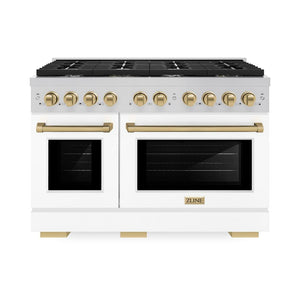 ZLINE Autograph Edition 48 in. 6.7 cu. ft. Paramount Double Oven Dual Fuel Range with 8 Burner Gas Cooktop in Stainless Steel with White Matte Doors and Champagne Bronze Accents (SDRZ-WM-48-CB) front, oven closed.
