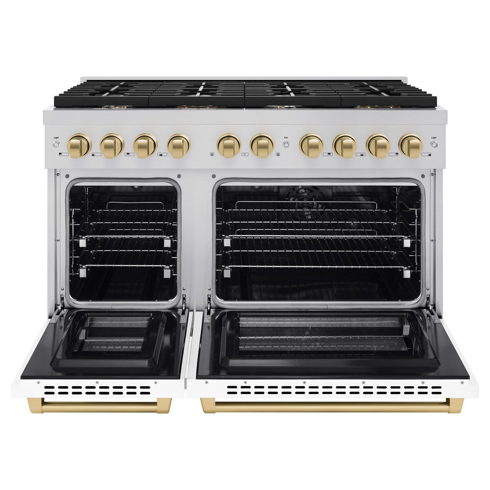 ZLINE Autograph Edition 48 in. 6.7 cu. ft. Paramount Double Oven Dual Fuel Range with 8 Burner Gas Cooktop in Stainless Steel with White Matte Doors and Champagne Bronze Accents (SDRZ-WM-48-CB) front, oven open.