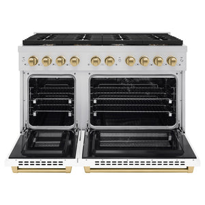 ZLINE Autograph Edition 48 in. 6.7 cu. ft. Paramount Double Oven Dual Fuel Range with 8 Burner Gas Cooktop in Stainless Steel with White Matte Doors and Champagne Bronze Accents (SDRZ-WM-48-CB) front, open.