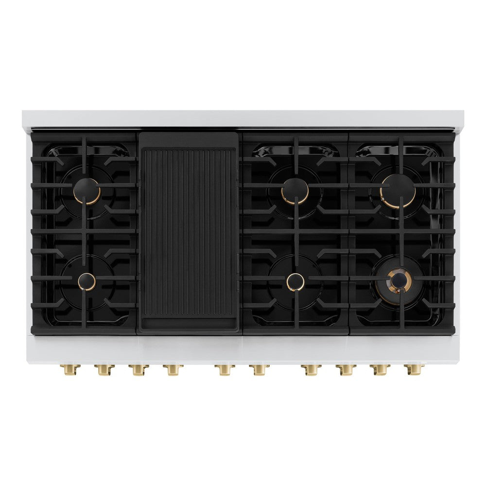 ZLINE Autograph Edition 48 in. 6.7 cu. ft. Paramount Double Oven Dual Fuel Range with 8 Burner Gas Cooktop in Stainless Steel with White Matte Door and Champagne Bronze Accents (SDRZ-WM-48-CB) above, top-down view of gas cooktop.