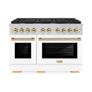 ZLINE Autograph Edition 48 in. 6.7 cu. ft. Paramount Double Oven Dual Fuel Range with 8 Burner Gas Cooktop in Stainless Steel with White Matte Doors and Polished Gold Accents (SDRZ-WM-48-G) front, oven closed.