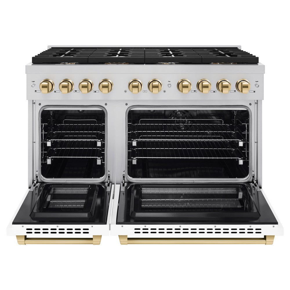 ZLINE Autograph Edition 48 in. 6.7 cu. ft. Paramount Double Oven Dual Fuel Range with 8 Burner Gas Cooktop in Stainless Steel with White Matte Doors and Polished Gold Accents (SDRZ-WM-48-G) front, oven open.