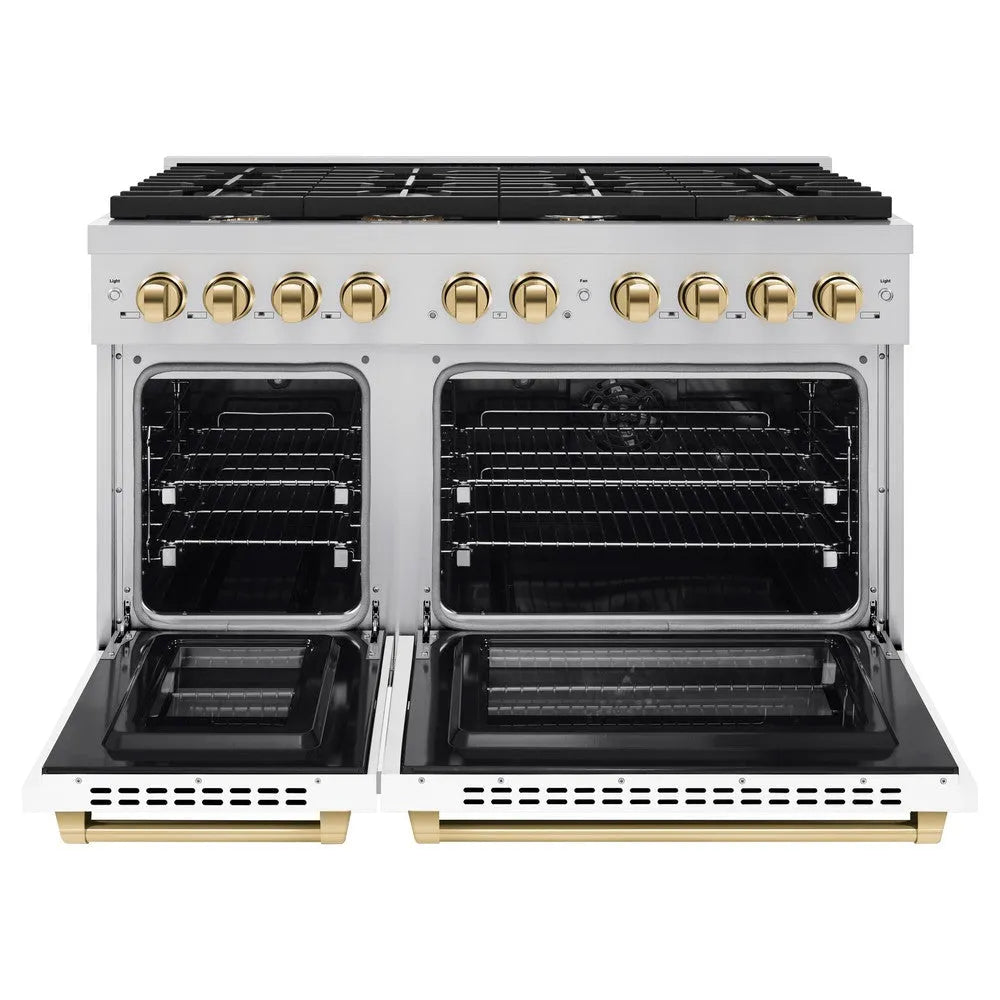 ZLINE Autograph Edition 48 in. 6.7 cu. ft. Paramount Double Oven Dual Fuel Range with 8 Burner Gas Cooktop in Stainless Steel with White Matte Doors and Polished Gold Accents (SDRZ-WM-48-G) front, open.