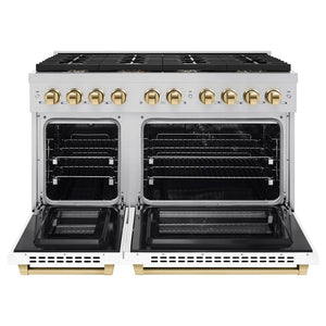 ZLINE Autograph Edition 48 in. 6.7 cu. ft. Paramount Double Oven Dual Fuel Range with 8 Burner Gas Cooktop in Stainless Steel with White Matte Doors and Polished Gold Accents (SDRZ-WM-48-G) front, open.