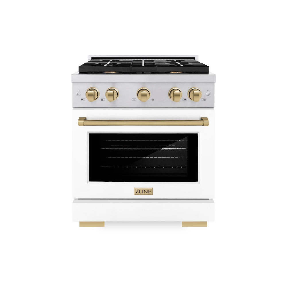 ZLINE Autograph Edition 30 in. 4.2 cu. ft. Paramount Gas Range with 4 Burner Cooktop and Convection Gas Oven in Stainless Steel with White Matte Door and Champagne Bronze Accents (SGRZ-WM-30-CB) front.