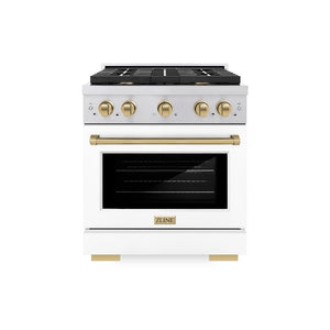 ZLINE Autograph Edition 30 in. 4.2 cu. ft. Paramount Gas Range with 4 Burner Cooktop and Convection Gas Oven in Stainless Steel with White Matte Door and Champagne Bronze Accents (SGRZ-WM-30-CB) front.