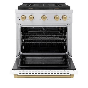 ZLINE Autograph Edition 30 in. 4.2 cu. ft. Paramount Gas Range with 4 Burner Cooktop and Convection Gas Oven in Stainless Steel with White Matte Door and Champagne Bronze Accents (SGRZ-WM-30-CB) front, open.