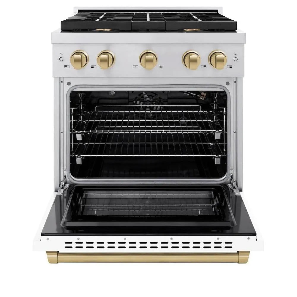 ZLINE Autograph Edition 30 in. 4.2 cu. ft. Paramount Gas Range with 4 Burner Cooktop and Convection Gas Oven in Stainless Steel with White Matte Door and Champagne Bronze Accents (SGRZ-WM-30-CB) front, open.