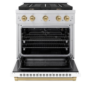 ZLINE Autograph Edition 30 in. 4.2 cu. ft. 4 Burner Gas Range with Convection Gas Oven in Stainless Steel with White Matte Door and Champagne Bronze Accents (SGRZ-WM-30-CB) front, with oven open.