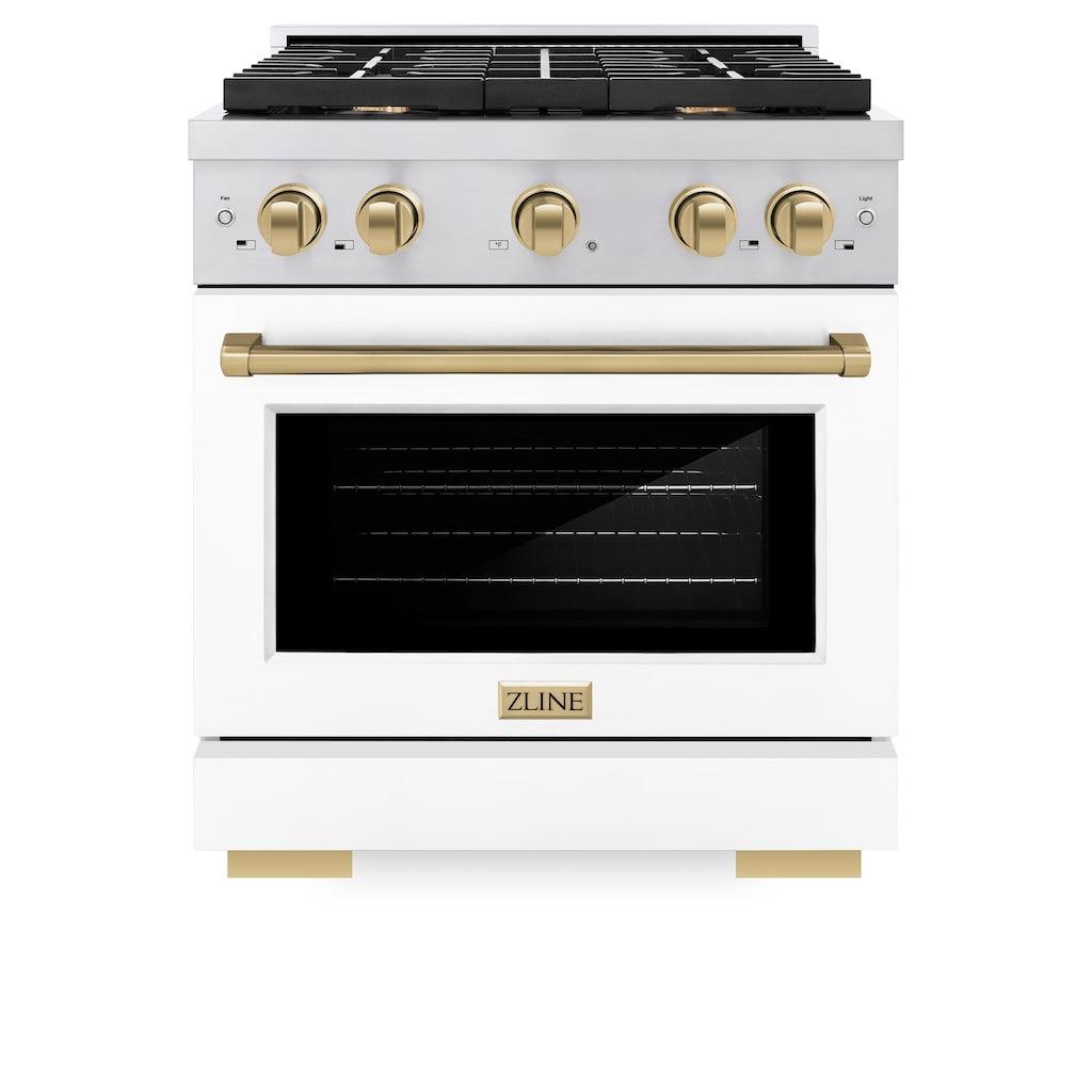 ZLINE Autograph Edition 30 in. 4.2 cu. ft. 4 Burner Gas Range with Convection Gas Oven in Stainless Steel with White Matte Door and Champagne Bronze Accents (SGRZ-WM-30-CB) front, oven closed.