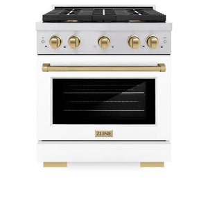 ZLINE Autograph Edition 30 in. 4.2 cu. ft. Paramount Gas Range with 4 Burner Cooktop and Convection Gas Oven in Stainless Steel with White Matte Door and Champagne Bronze Accents (SGRZ-WM-30-CB) front, oven closed.