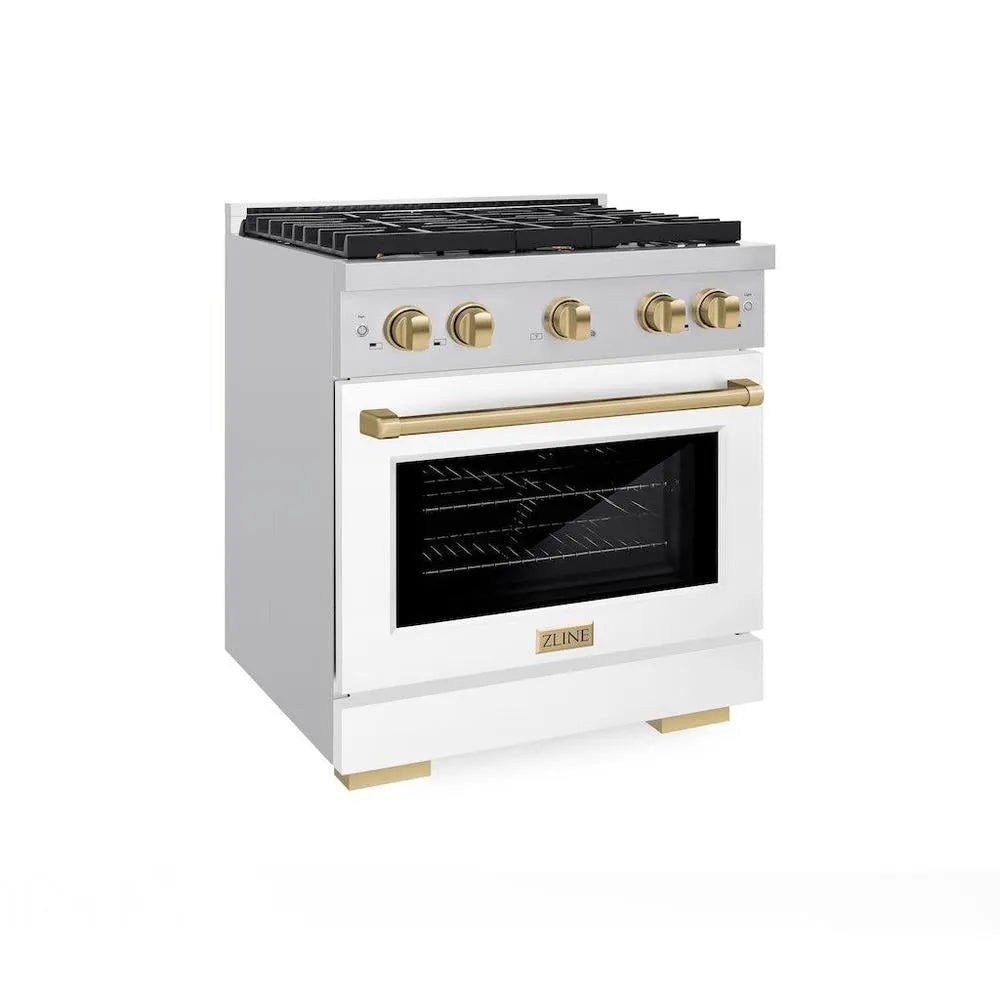 ZLINE Autograph Edition 30 in. 4.2 cu. ft. Paramount Gas Range with 4 Burner Cooktop and Convection Gas Oven in Stainless Steel with White Matte Door and Champagne Bronze Accents (SGRZ-WM-30-CB) main image.