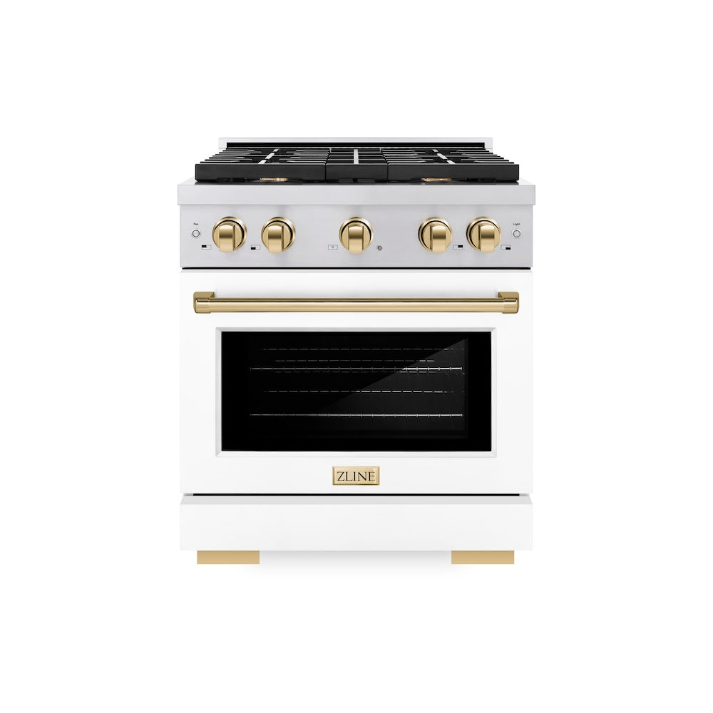 ZLINE Autograph Edition 30 in. 4.2 cu. ft. Paramount Gas Range with 4 Burner Cooktop and Convection Gas Oven in Stainless Steel with White Matte Door and Polished Gold Accents (SGRZ-WM-30-G) front.