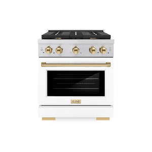 ZLINE Autograph Edition 30 in. 4.2 cu. ft. Paramount Gas Range with 4 Burner Cooktop and Convection Gas Oven in Stainless Steel with White Matte Door and Polished Gold Accents (SGRZ-WM-30-G) front.