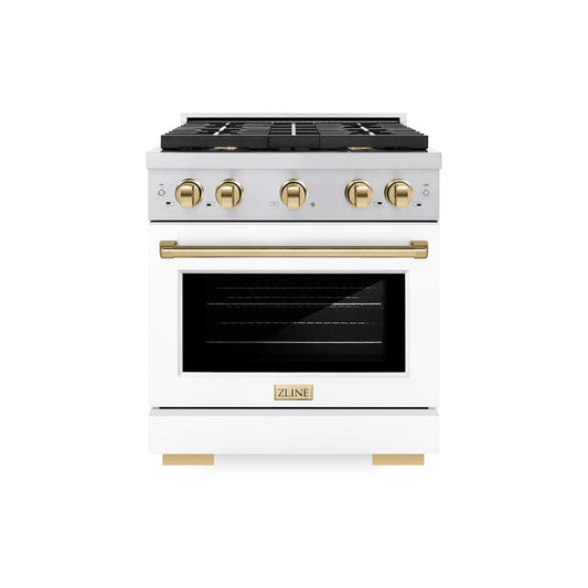 ZLINE Autograph Edition 30 in. 4.2 cu. ft. Paramount Gas Range with 4 Burner Cooktop and Convection Gas Oven in Stainless Steel with White Matte Door and Polished Gold Accents (SGRZ-WM-30-G) front.