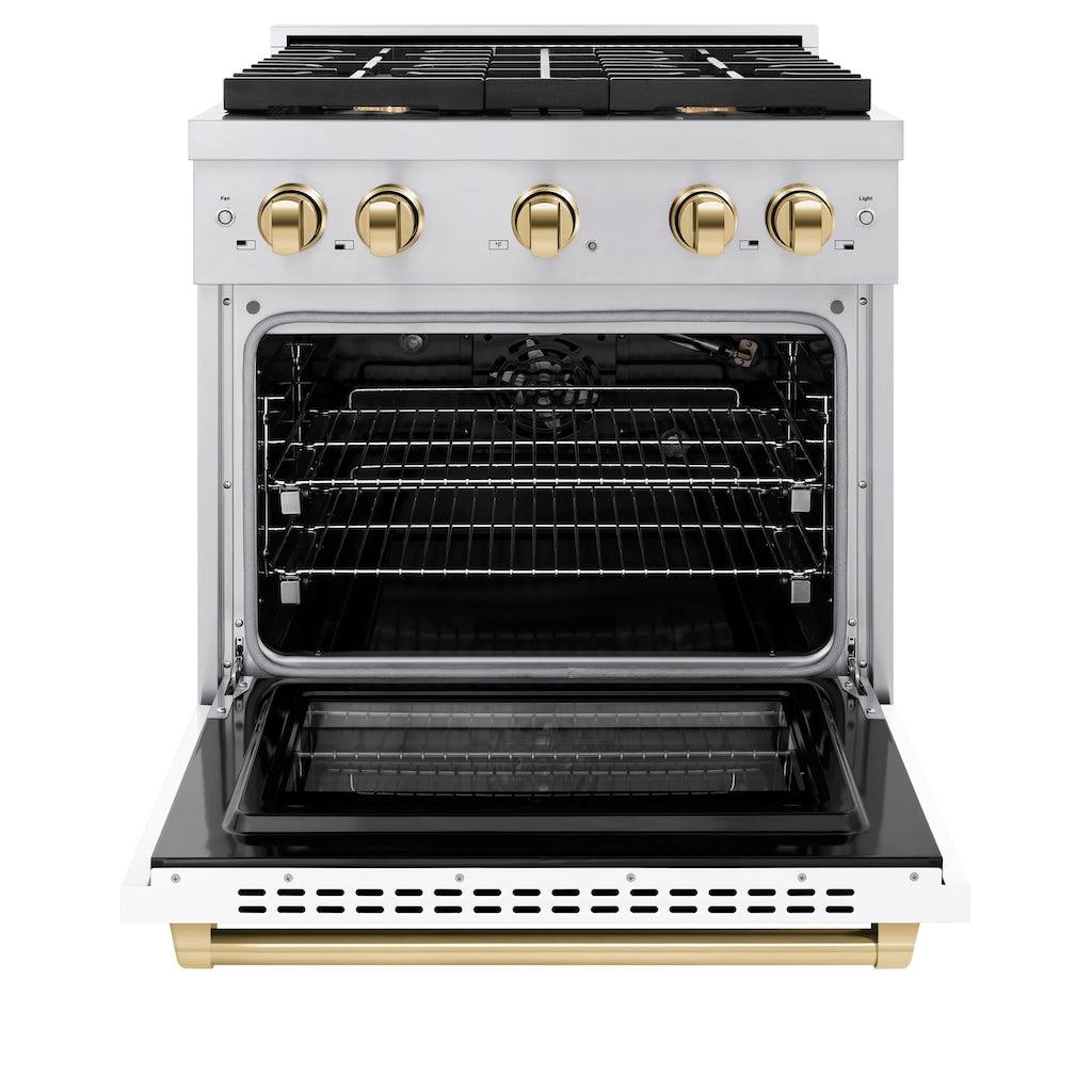 ZLINE Autograph Edition 30 in. 4.2 cu. ft. 4 Burner Gas Range with Convection Gas Oven in Stainless Steel with White Matte Door and Polished Gold Accents (SGRZ-WM-30-G) front, with oven open.