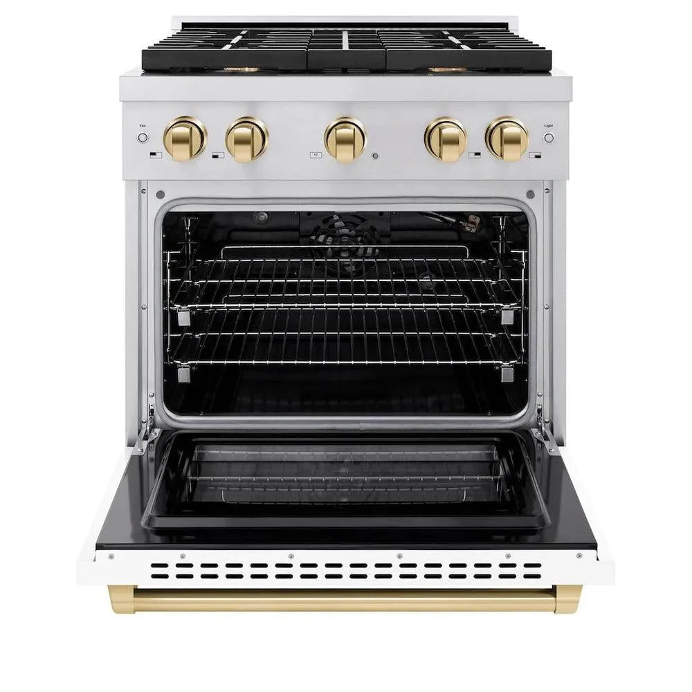 ZLINE Autograph Edition 30 in. 4.2 cu. ft. Paramount Gas Range with 4 Burner Cooktop and Convection Gas Oven in Stainless Steel with White Matte Door and Polished Gold Accents (SGRZ-WM-30-G) front, open.