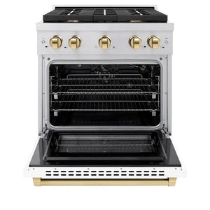 ZLINE Autograph Edition 30 in. 4.2 cu. ft. Paramount Gas Range with 4 Burner Cooktop and Convection Gas Oven in Stainless Steel with White Matte Door and Polished Gold Accents (SGRZ-WM-30-G) front, open.