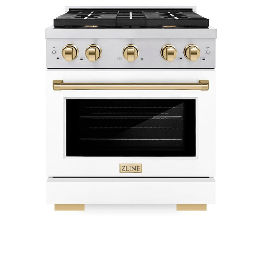 ZLINE Autograph Edition 30 in. 4.2 cu. ft. 4 Burner Gas Range with Convection Gas Oven in Stainless Steel with White Matte Door and Polished Gold Accents (SGRZ-WM-30-G) front, oven closed.