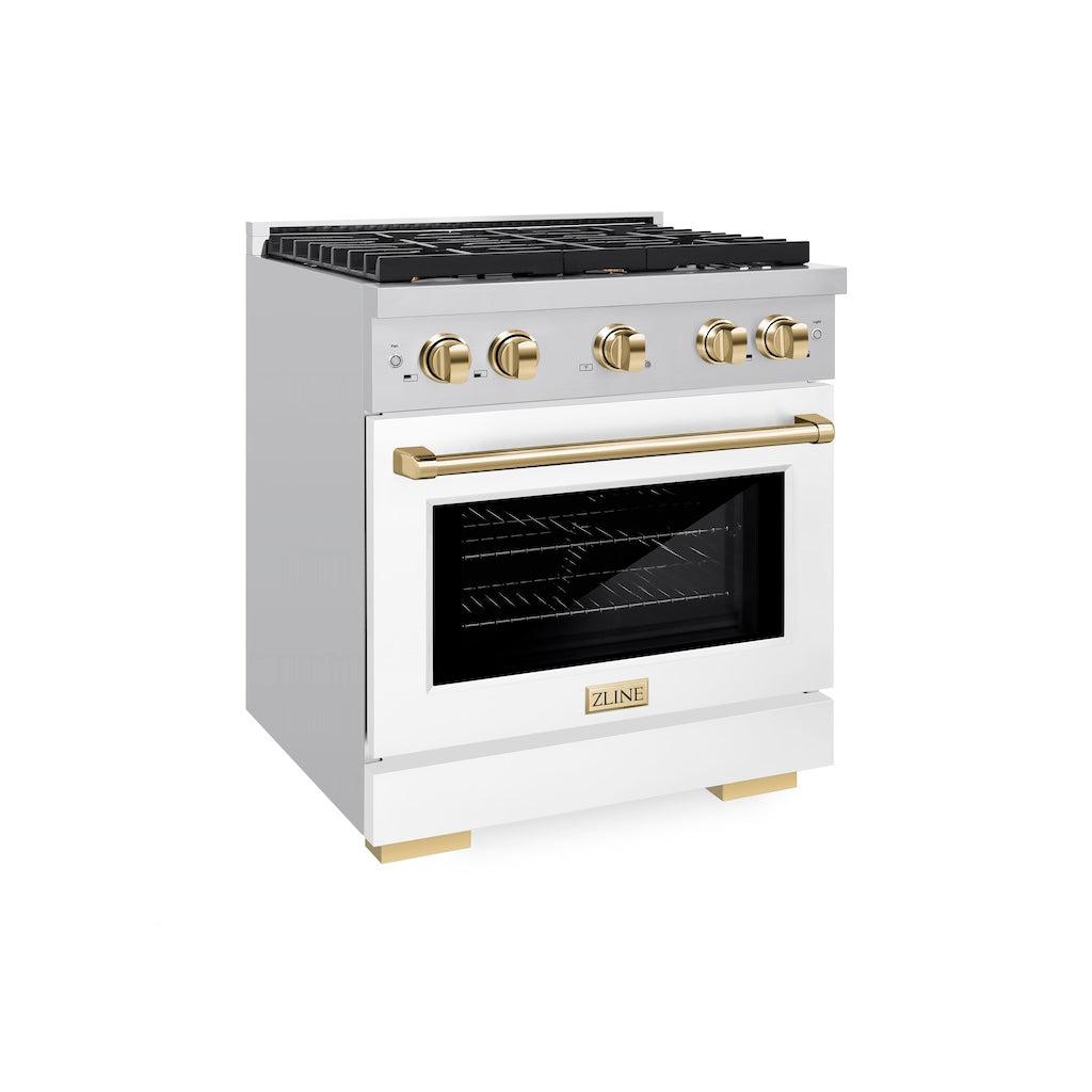 ZLINE Autograph Edition 30 in. 4.2 cu. ft. 4 Burner Gas Range with Convection Gas Oven in Stainless Steel with White Matte Door and Polished Gold Accents (SGRZ-WM-30-G)-ZLINE Kitchen and Bath