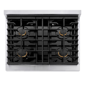 ZLINE Autograph Edition 30 in. 4.2 cu. ft. 4 Burner Gas Range with Convection Gas Oven in Stainless Steel with White Matte Door and Polished Gold Accents (SGRZ-WM-30-G) from above, showing gas burners, black porcelain cooktop, and cast-iron grates.