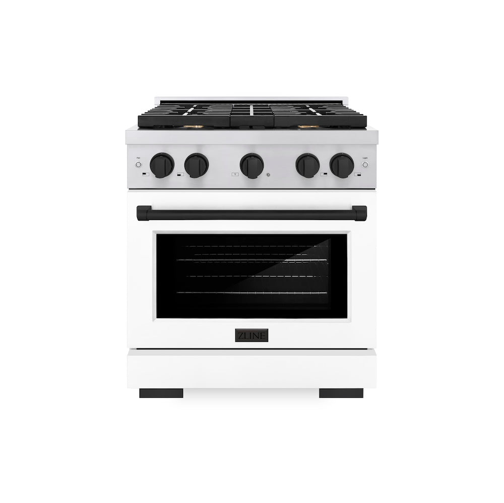 ZLINE Autograph Edition 30 in. 4.2 cu. ft. Paramount Gas Range with 4 Burner Cooktop and Convection Gas Oven in Stainless Steel with White Matte Door and Matte Black Accents (SGRZ-WM-30-MB) front.
