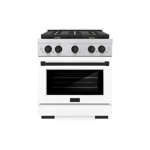 ZLINE Autograph Edition 30 in. 4.2 cu. ft. Paramount Gas Range with 4 Burner Cooktop and Convection Gas Oven in Stainless Steel with White Matte Door and Matte Black Accents (SGRZ-WM-30-MB) front.