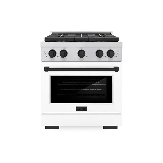 ZLINE Autograph Edition 30 in. 4.2 cu. ft. Paramount Gas Range with 4 Burner Cooktop and Convection Gas Oven in Stainless Steel with White Matte Door and Matte Black Accents (SGRZ-WM-30-MB) front.