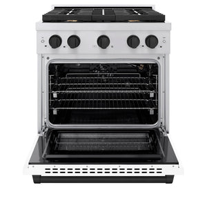 ZLINE Autograph Edition 30 in. 4.2 cu. ft. 4 Burner Gas Range with Convection Gas Oven in Stainless Steel with White Matte Door and Matte Black Accents (SGRZ-WM-30-MB) front, with oven open.