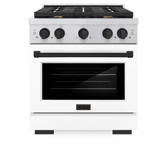 ZLINE Autograph Edition 30 in. 4.2 cu. ft. 4 Burner Gas Range with Convection Gas Oven in Stainless Steel with White Matte Door and Matte Black Accents (SGRZ-WM-30-MB) front, oven closed.