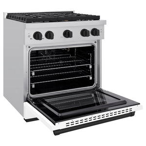 ZLINE Autograph Edition 30 in. 4.2 cu. ft. 4 Burner Gas Range with Convection Gas Oven in Stainless Steel with White Matte Door and Matte Black Accents (SGRZ-WM-30-MB) side, oven open.