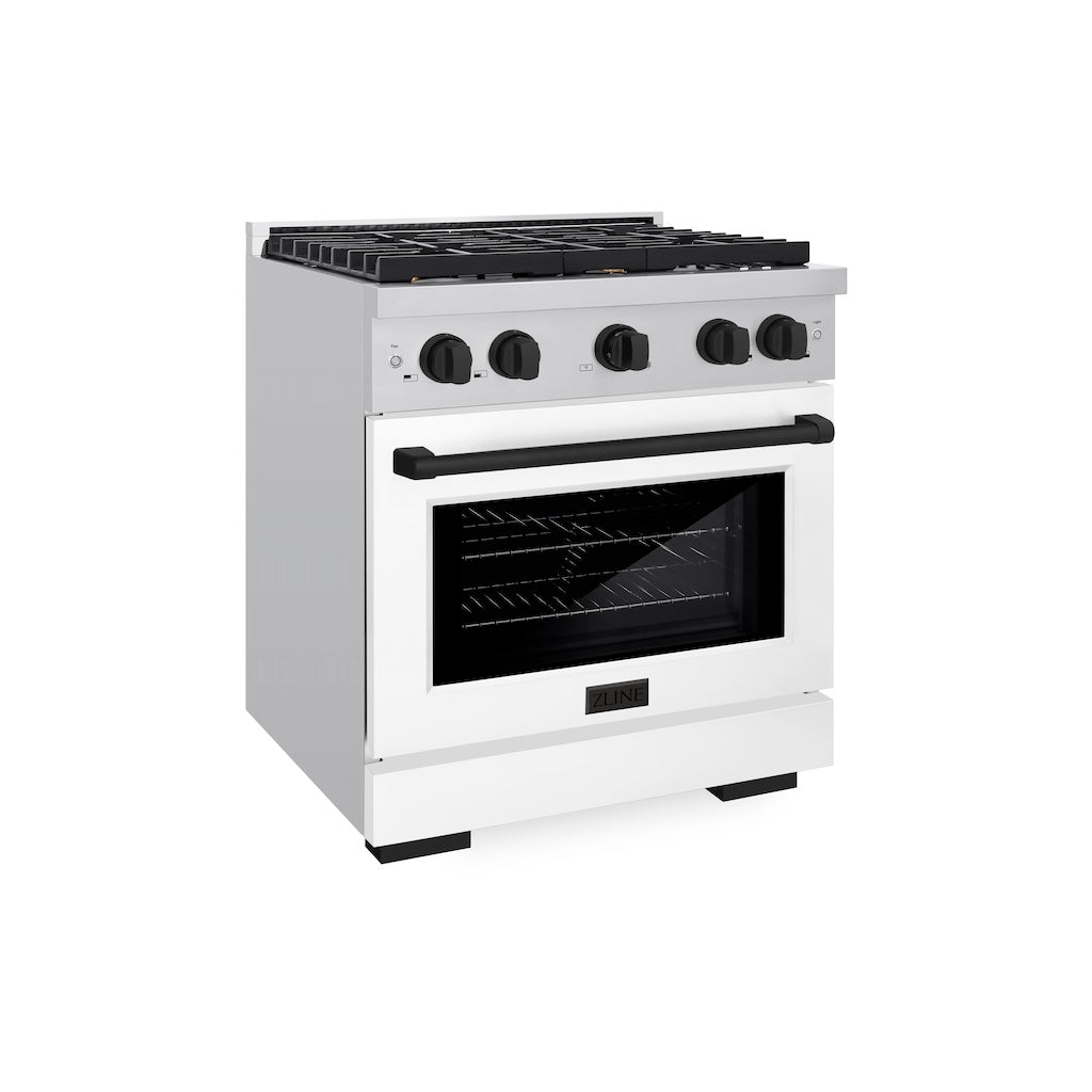 ZLINE Autograph Edition 30 in. 4.2 cu. ft. 4 Burner Gas Range with Convection Gas Oven in Stainless Steel with White Matte Door and Matte Black Accents (SGRZ-WM-30-MB)-ZLINE Kitchen and Bath