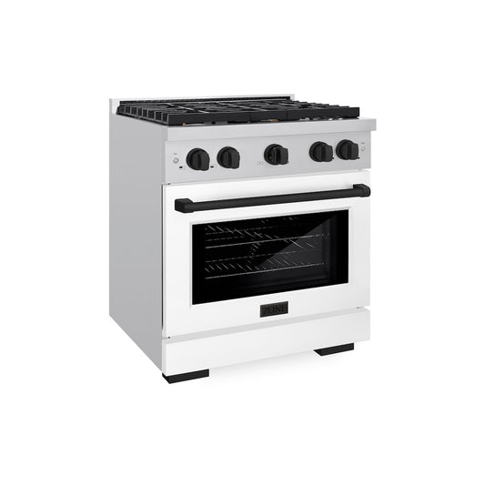 ZLINE Autograph Edition 30 in. 4.2 cu. ft. 4 Burner Gas Range with Convection Gas Oven in Stainless Steel with White Matte Door and Matte Black Accents (SGRZ-WM-30-MB) side, oven closed.